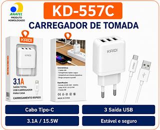 Carregador Completo Cabo Tipo-C 3.1A / 15.5W 3 Saída USB KAIDI