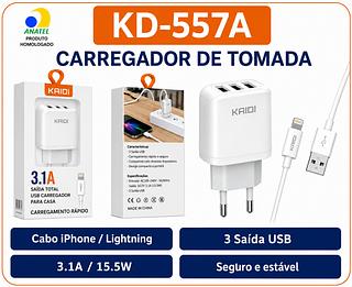 Carregador Completo Cabo IPhone / Lightning 3 Saída USB KAIDI
