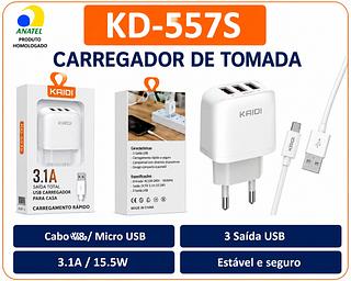 Carregador Completo Cabo V8/Micro USB 3.1A / 15.5W 3 Saída USB KAIDI