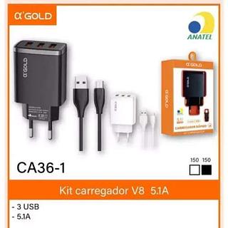 Kit Carregador V8 5.1A - 3 Usb