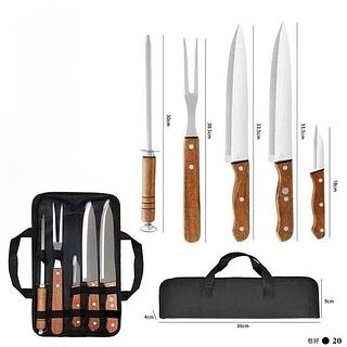 KIT CHURRASCO 5 PEÇAS + BOLSA LÂMINA DE AÇO INOXIDÁVEL COM CABOS DE MADEIRA