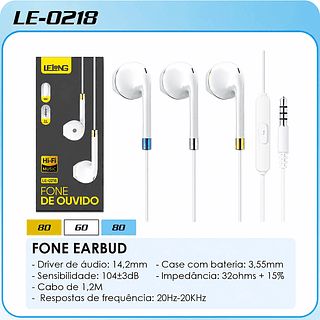 FONE EARBUD - Driver de áudio: 14,2mm - Case com bateria: 3,55mm