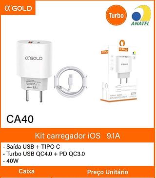 Kit carregador iOS 9.1A - Saída USB + TIPO C