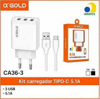Kit Carregador Tipo C 5.1A 3 Usb