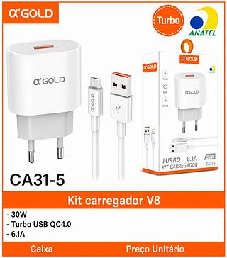 Kit carregador V8 - 30W - Turbo USB QC4.0 - 6.1A