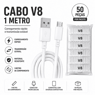Kit 50 Cabos USB V8 DE 1 METRO ( 50 ) Unidades