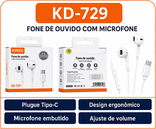 FONE DE OUVIDO COM MICROFONE Plugue Tipo-C